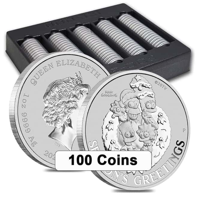Box of 100 - 2022 1 oz Tuvalu The Simpsons Season's Greetings Silver Coin .9999 Fine BU In Cap