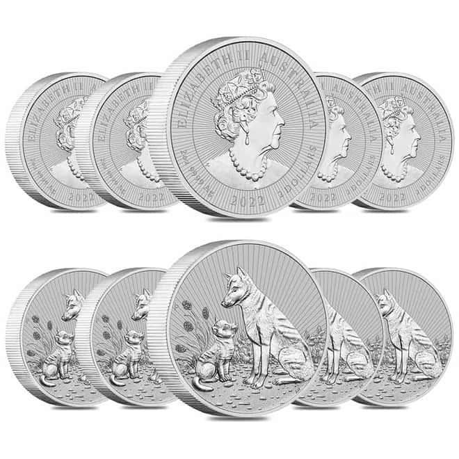 Lot of 10 - 2022 2 oz Silver Australian Piedfort Dingo Mother and Baby Perth Mint .9999 Fine BU Next Generation