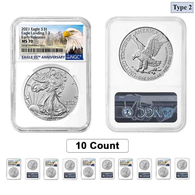 Lot of 10 - 2021 1 oz Silver American Eagle Type 2 NGC MS 70 ER (Eagle Label)