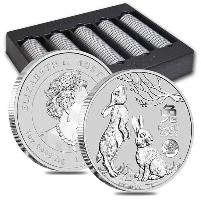 Box of 100 - 2023 1 oz Silver Lunar Year of The Rabbit Dragon Privy BU Australian Perth Mint In Cap (5 Rolls, Lot of 100)