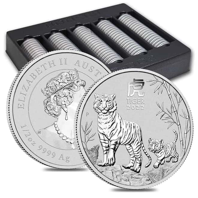 Roll of 20 - 2022 1/2 oz Silver Lunar Year of The Tiger BU Australian Perth Mint In Cap (Tube, Lot of 20)