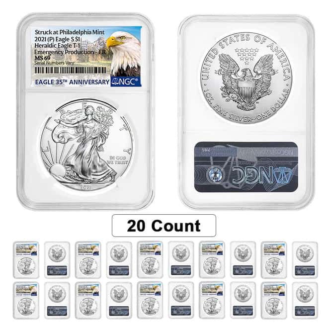 Lot of 20 - 2021 (P) 1 oz Silver American Eagle NGC MS 69 ER (Eagle) Emergency Production