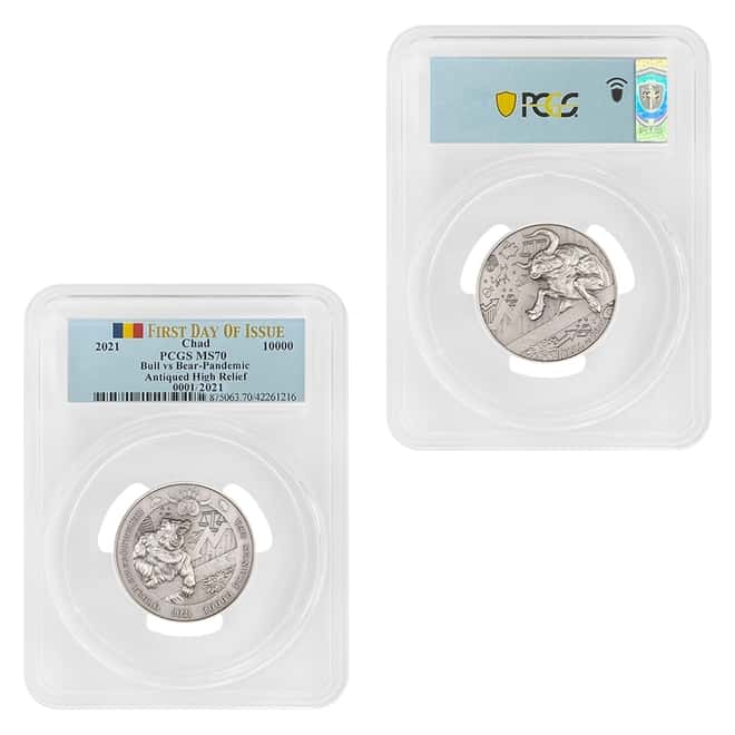 2021 Chad 2 oz Silver Bull vs Bear Pandemic Serial #1 PCGS MS 70 FDOI Antiqued High Relief