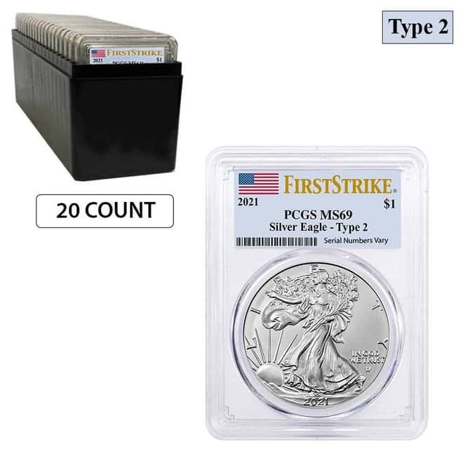 Lot of 20 - 2021 1 oz Silver American Eagle Type 2 PCGS MS 69 FS (Flag Label)