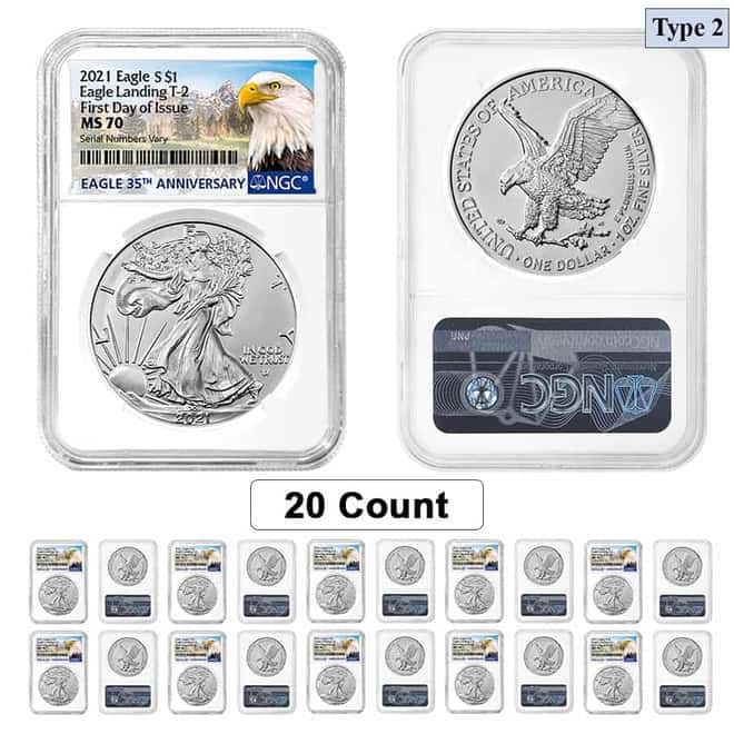 Lot of 20 - 2021 1 oz Silver American Eagle Type 2 NGC MS 70 FDOI (Eagle Label)