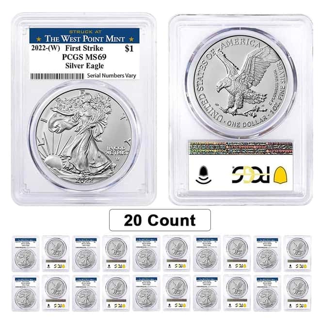 Box of 20 - 2022 (W) 1 oz Silver American Eagle $1 Coin PCGS MS 69 First Strike (West Point)