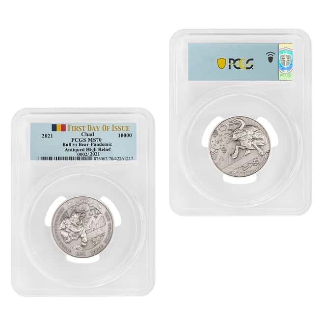 2021 Chad 2 oz Silver Bull vs Bear Pandemic Serial #2 PCGS MS 70 FDOI Antiqued High Relief