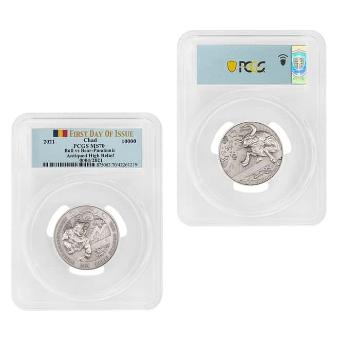 2021 Chad 2 oz Silver Bull vs Bear Pandemic Serial #4 PCGS MS 70 FDOI Antiqued High Relief