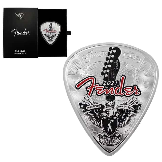2021 1 oz Silver Fender Guitar Pick 75th Anniv Solomon Islands $2 Coin .9999 Fine (w/Box)