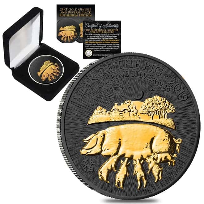 2019 Great Britain 1 oz Silver Year of the Pig Coin .999 Fine Black Ruthenium 24K Gold Edition (w/Box & COA)