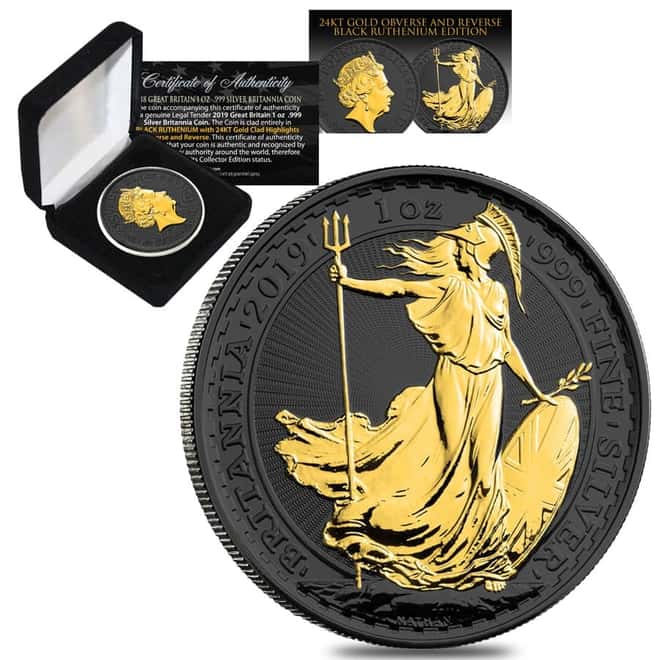 2019 Great Britain 1 oz Silver Britannia Coin .999 Fine Black Ruthenium 24K Gold Edition (w/Box & COA)