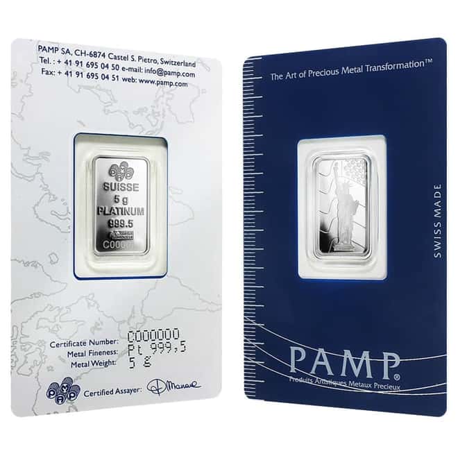 5 gram PAMP Suisse Statue of Liberty Platinum Bar .9995 Fine (In Assay)