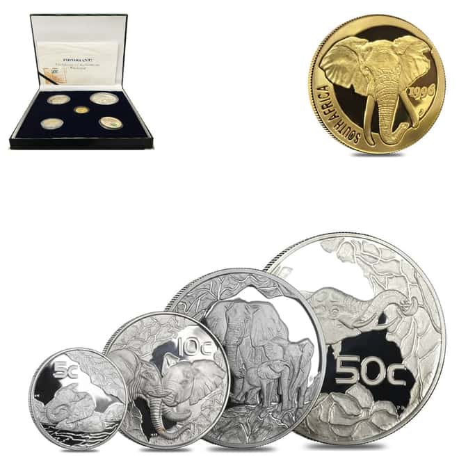 1996 1/4 oz Gold South Africa Natura Elephant and 2002 Silver Elephant Proof 5-coin Set (w/Box & COA)