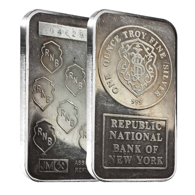 1 oz Johnson Matthey Republic National Bank Silver Vintage Bar .999 Fine (Secondary Market)
