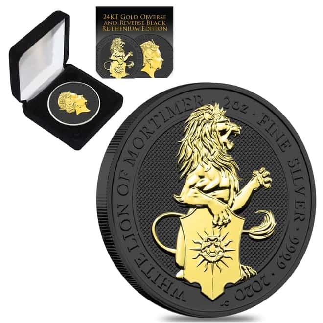 2020 Great Britain 2 oz Silver Queen's Beasts White Lion of Mortimer Coin .9999 Fine Black Ruthenium 24K Gold Edition (w/Box & COA)