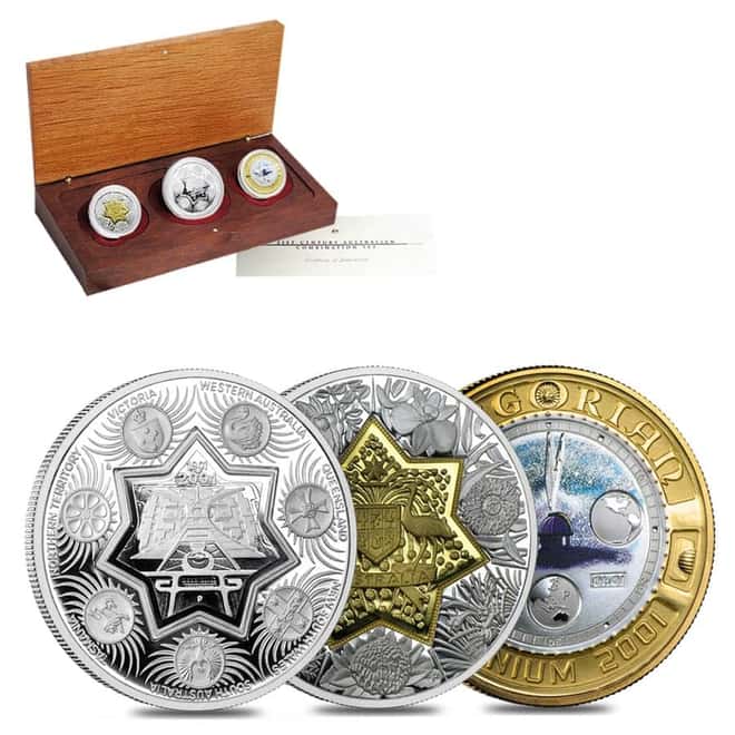 2001 Australia 21st Century Combination Bi-Metal 3-Coin Proof Set AGW .59 oz (w/Box & COA)