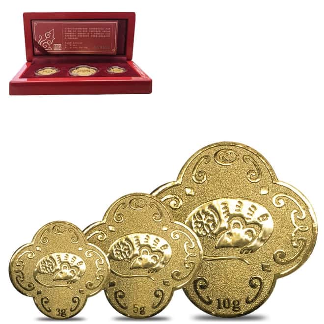 18 gram Chow Tai Fook Year of the Mouse Gold 3-Medal Set .9999 Fine (w/Box and COA)