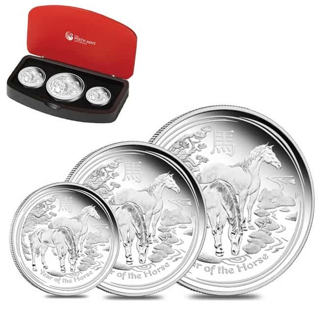 2014 3.5 oz Proof Silver Lunar Year of The Horse Australian Perth Mint 3-Coin Set (w/Box & COA)