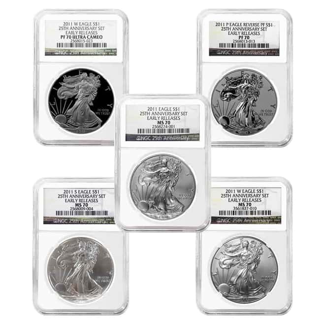 2011 1 oz Silver American Eagle 5-Coin Set NGC MS 70 / PF 70 Early Releases (25th Anniversary)