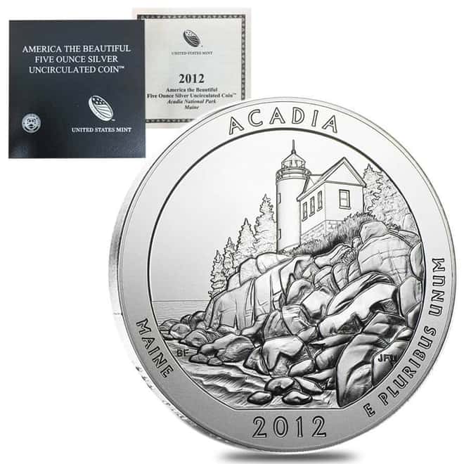 2012-P 5 oz Silver America the Beautiful ATB Maine Acadia National Park (w/Box & COA)