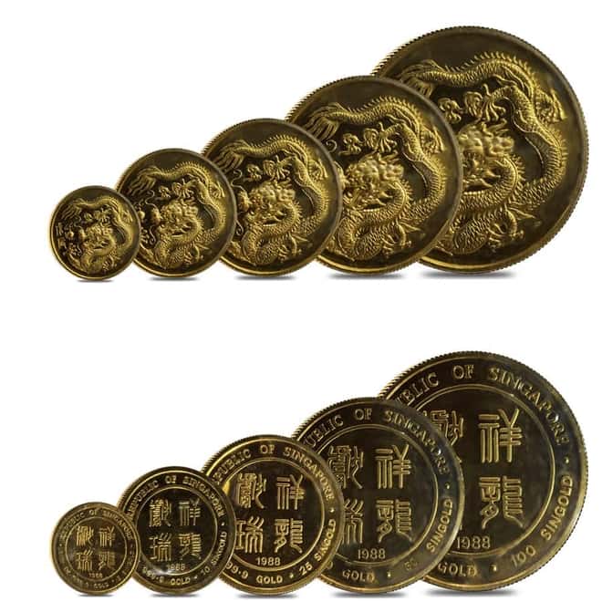 1988 1.9 oz Singapore Year of the Dragon Proof Gold 5 - Coin Set (Sealed)