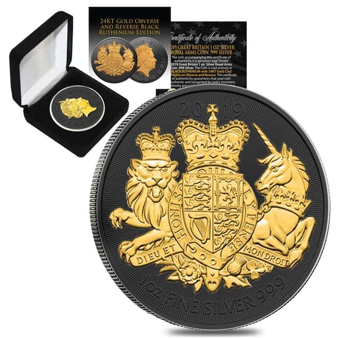 2019 Great Britain 1 oz Silver Royal Arms Coin Black Ruthenium 24K Gold Edition (w/Box & COA)
