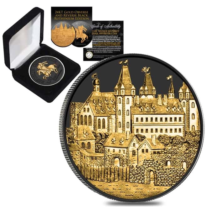 2019 1 oz Austrian Silver Wiener Neustadt Vienna Coin Black Ruthenium 24K Gold Edition (w/Box & COA) - 825th Anniversary of the Austrian Mint