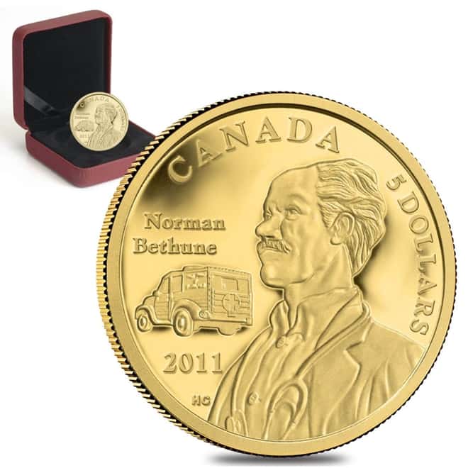 2011 1/10 oz Gold Canadian Dr. Norman Bethune $5 Proof Coin .9999 Fine (w/Box & COA)