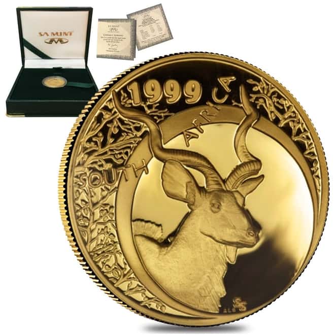 1999 1/10 oz South Africa Natura Kudu Proof Gold Coin (w/Box & COA)