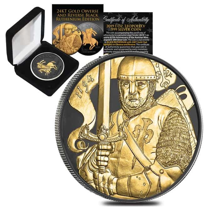 2019 1 oz Austrian Silver Leopold V Coin Black Ruthenium 24K Gold Edition (w/Box & COA) - 825th Anniversary of the Austrian Mint