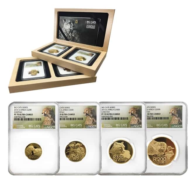 2016 1.85 oz South Africa Cheetah - Big Cats Series Proof Gold 4-Coin Set NGC PF 70 (w/Box & COA)