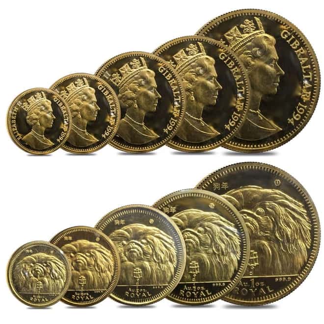 1994 1.84 oz Gibraltar Pekingese Gold 5-Coin Set .9999 Fine (Sealed)