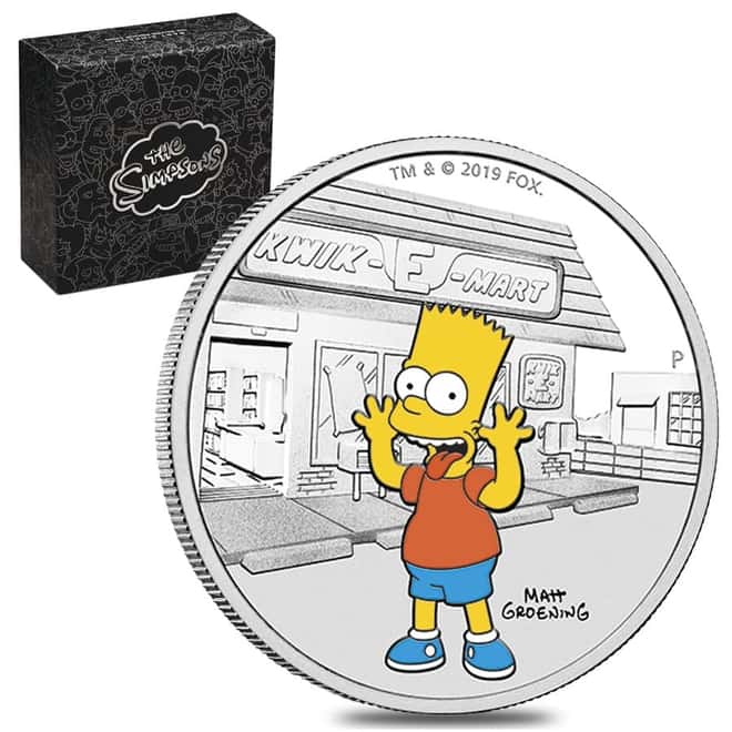 2019 1 oz Tuvalu Proof Bart Simpson Silver Coin .9999 Fine Silver (Colorized) 