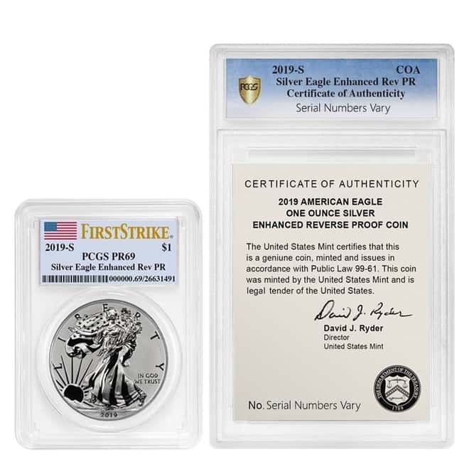 2019-S 1 oz Enhanced Reverse Proof Silver American Eagle PCGS PF 69 FS (w/COA)