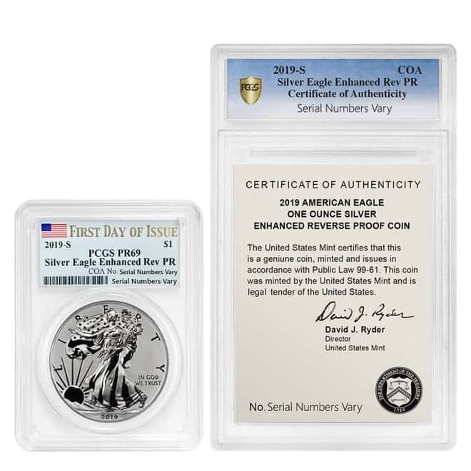 2019-S 1 oz Enhanced Reverse Proof Silver American Eagle PCGS PF 69 FDOI (w/COA)