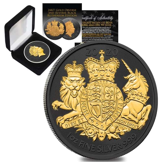 2020 Great Britain 1 oz Silver Royal Arms Coin Black Ruthenium 24K Gold Edition (w/Box & COA)