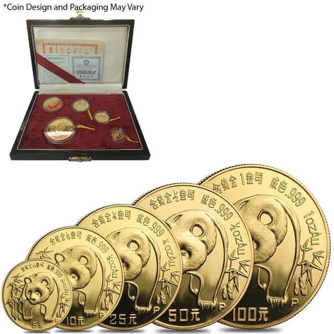 Chinese 1.9 oz Gold Panda 5-Coin Proof Set (Random Year, w/Box & COA)