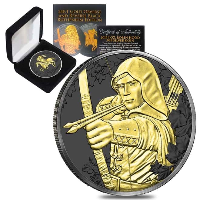 2019 1 oz Austrian Silver Robin Hood Coin .999 Fine Black Ruthenium 24K Gold Edition (w/Box & COA) - 825th Anniversary of the Austrian Mint