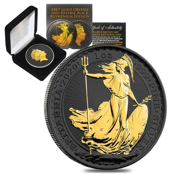 2020 Great Britain 1 oz Silver Britannia Coin .999 Fine Black Ruthenium 24K Gold Edition (w/Box & COA)
