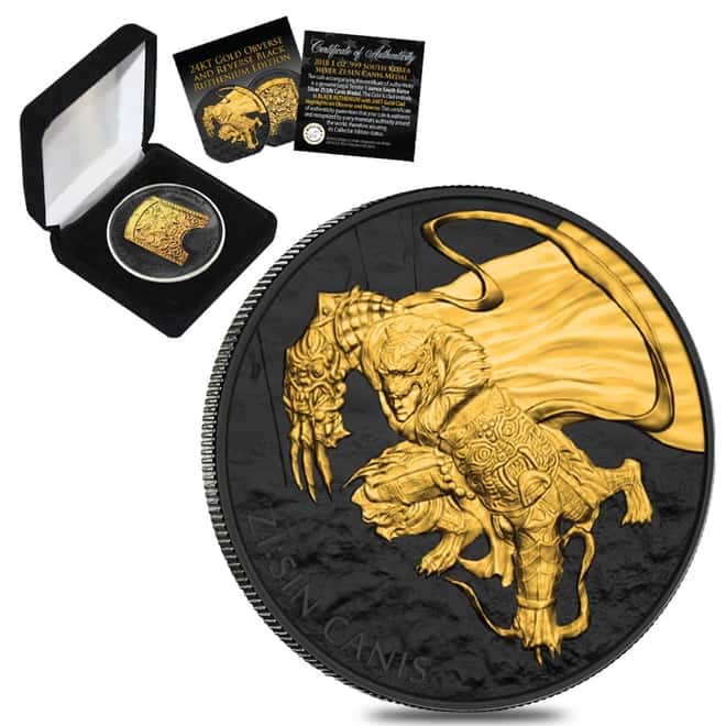 2018 1 oz South Korea Silver ZI:SIN Canis Medal Black Ruthenium 24K Gold Edition (w/Box & COA) 