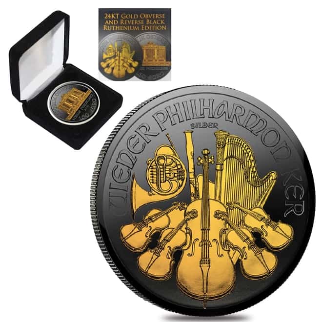 2019 1 oz Austrian Silver Philharmonic Coin Black Ruthenium 24K Gold Edition (w/Box & COA) 