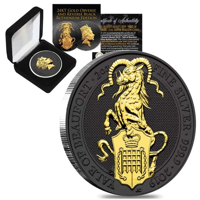 2019 Great Britain 2 oz Silver Queen's Beasts (Yale) Coin .9999 Fine Black Ruthenium 24K Gold Edition (w/Box & COA)