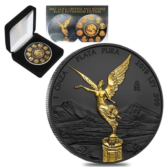 2019 1 oz Mexican Silver Libertad Coin .999 Fine Black Ruthenium 24K Gold Edition (w/Box & COA)
