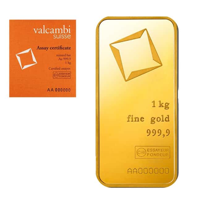 1 Kilo Gold Bar Valcambi Suisse .9999 Fine (w/Assay)