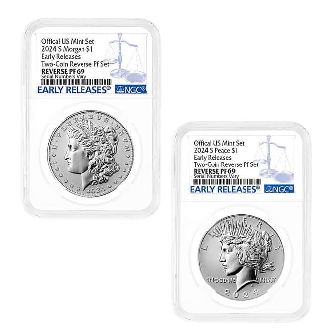 2024-S Morgan and Peace Silver Dollar Reverse Proof 2-Coin Set NGC PF 69 ER