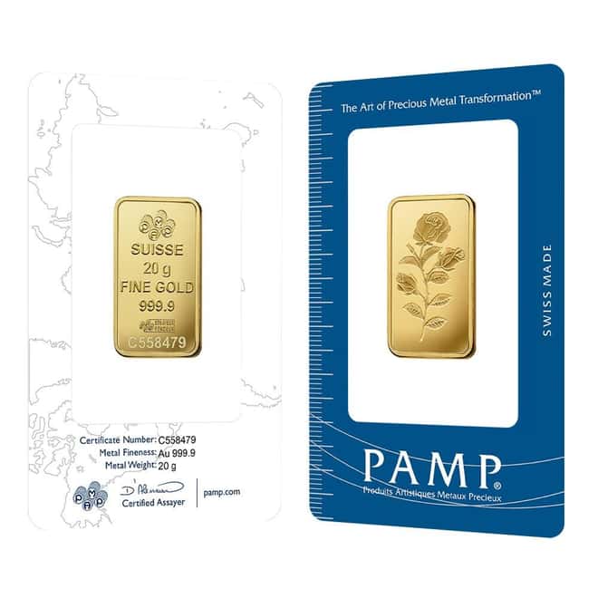 20 Gram PAMP Suisse Rosa Gold Bar .9999 Fine (in Assay)