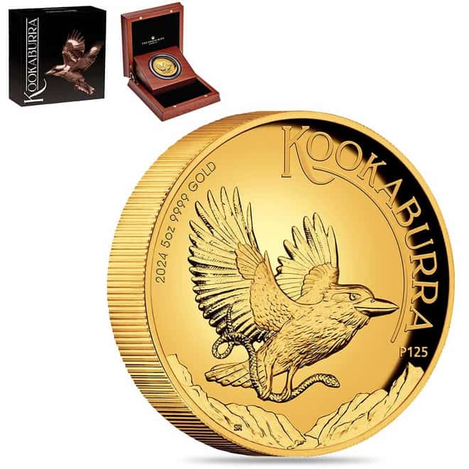 2024 5 oz Proof Gold Australian Kookaburra Perth Mint High Relief Coin (w/Box & COA)