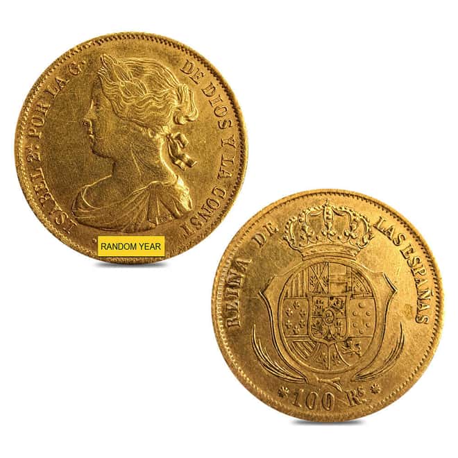 1856-1862 Spain 100 Reales Isabella II Gold Coin Ex-Jewelry (Random Year)