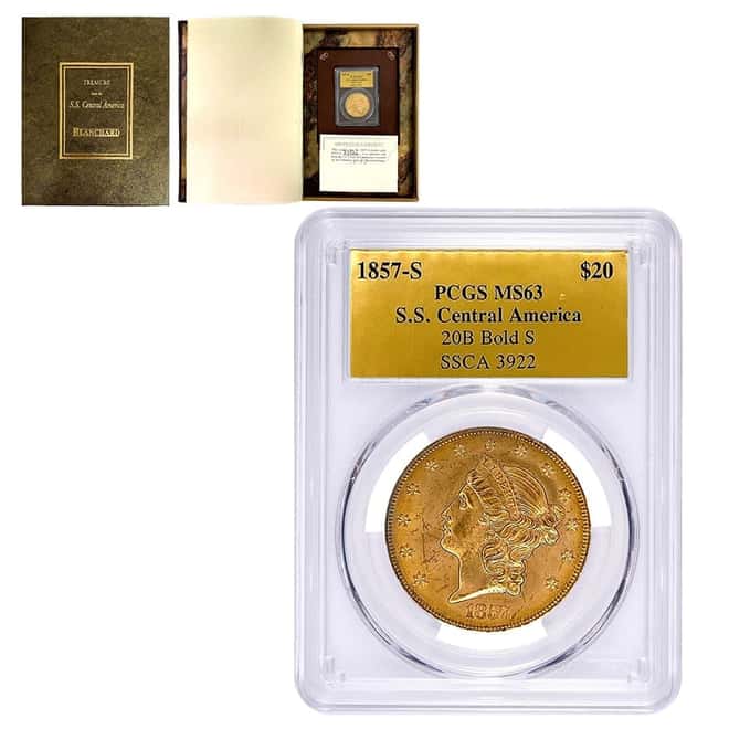 1857 S $20 Liberty Head Gold Double Eagle SS Central America PCGS MS 63 (w/Box & COA)