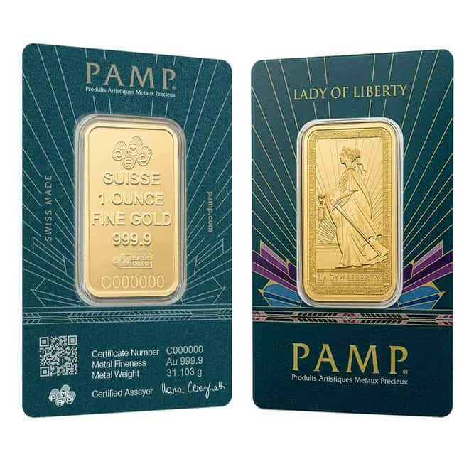 1 oz PAMP Suisse Lady of Liberty Gold Bar .9999 Fine (in Assay)